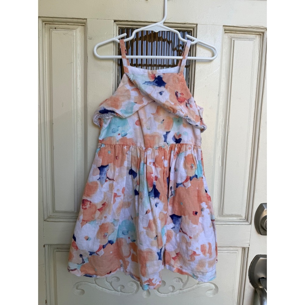 Janie and Jack Girls Linen Cotton Watercolor Floral Ruffle Halter Dress Size 5